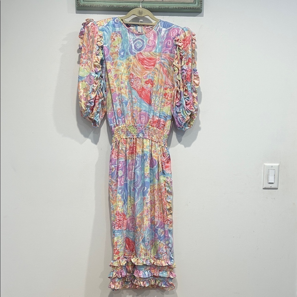 Vintage 1980s Susan Todor Pastel Multicolor Midi Dress Ruffled Sleeves medium